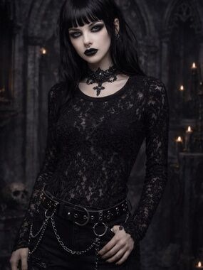 Womens Y2K Lace Sheer Open Knit Fairy Grunge Fitted Top XS Witchy Whimsigoth